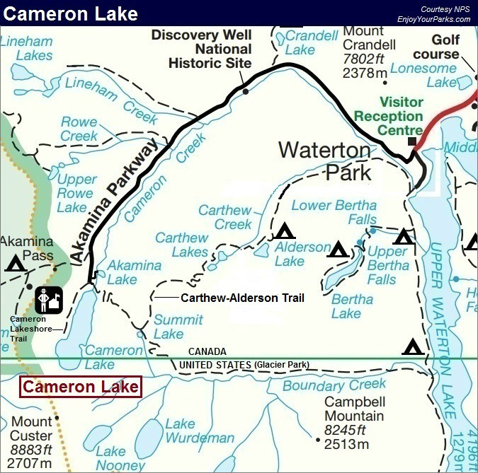 Cameron Lake Map, Waterton Lakes National Park