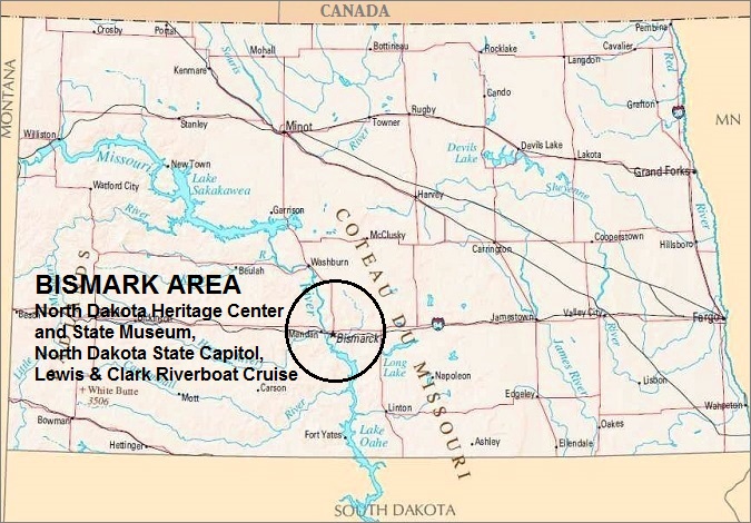 North Dakota Map, Bismark Area Attractions