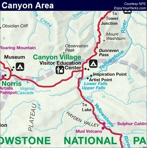 Grand Canyon of the Yellowstone Map, Yellowstone Park Map