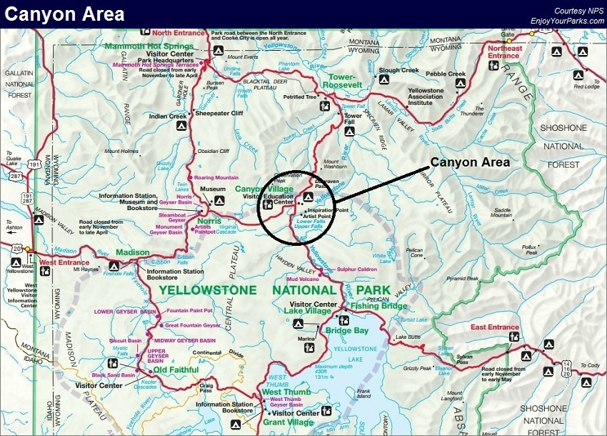 Canyon Area, Yellowstone National Park Map