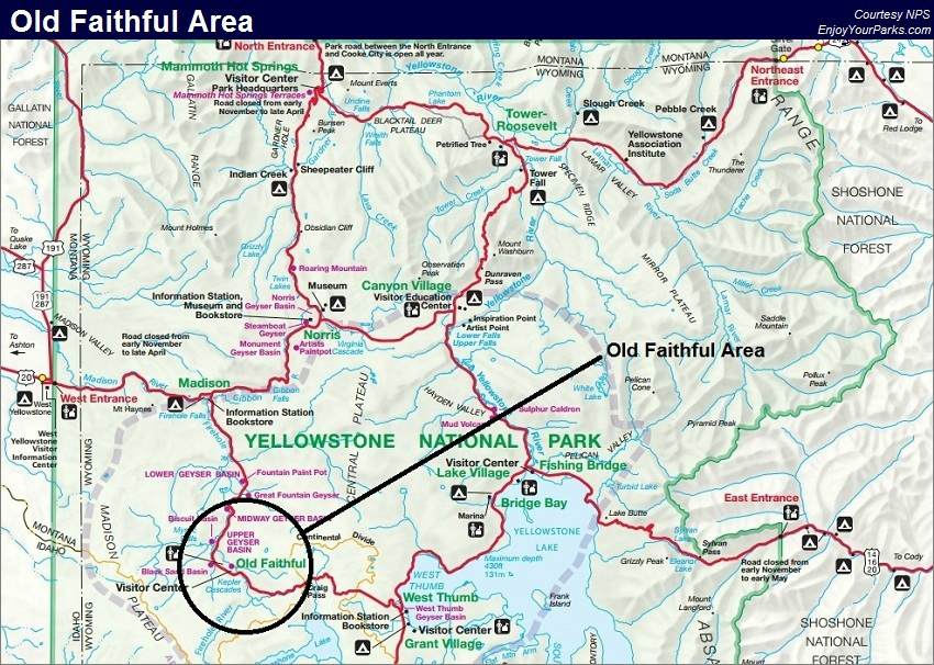 Old Faithful Map, Yellowstone National Park Map