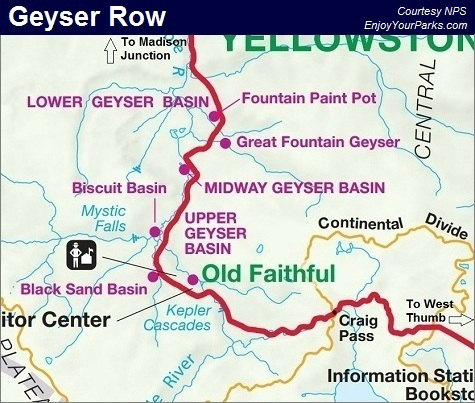 Geyser Row, Yellowstone National Park Map