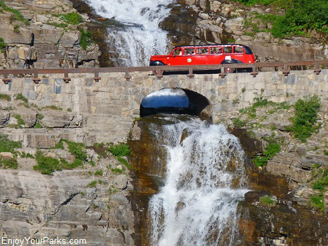 Red Bus along the Going To The Sun Road, Glacier National Park