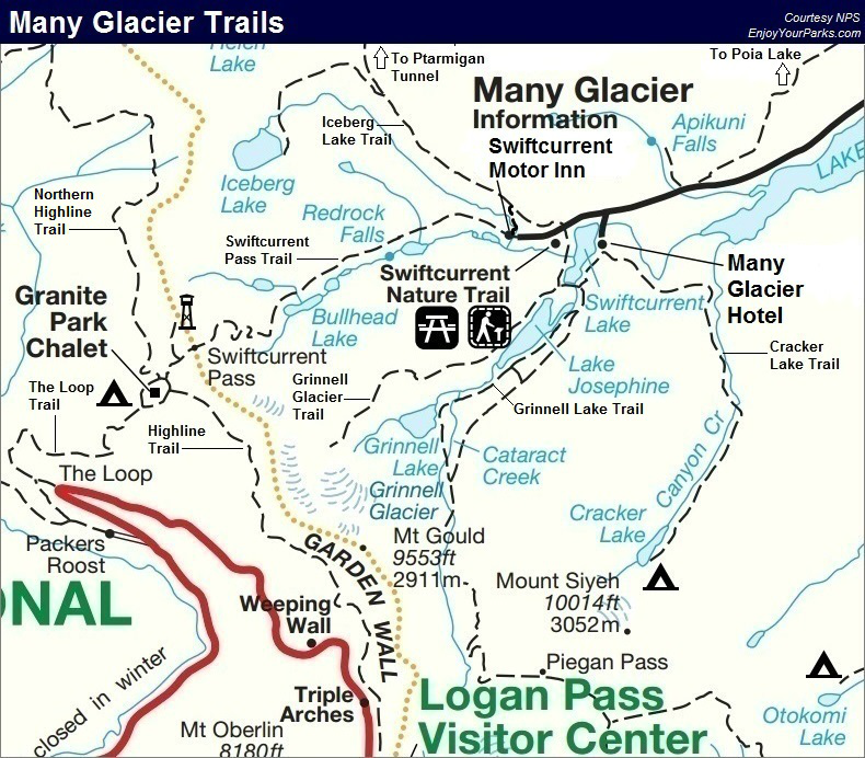 Many Glacier Trail Map, Grinnell Glacier Trail Map, Glacier National Park Map