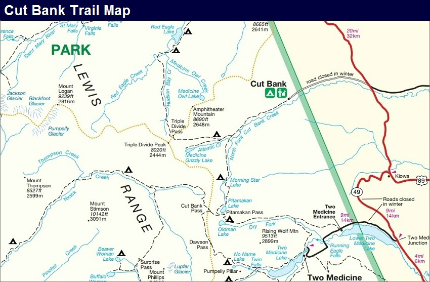 Cutbank Trail Map, Glacier National Park Map