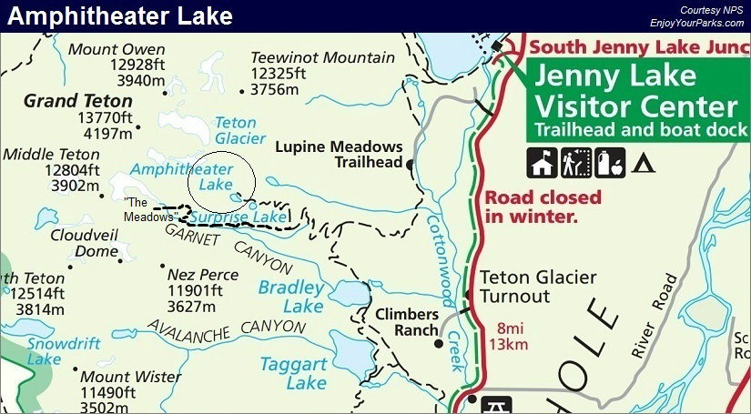 Amphitheater Lake Trail Map, Grand Teton National Park Map