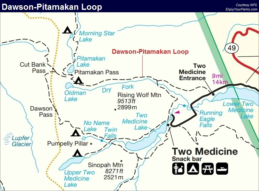Dawson-Pitamakan Loop Trail Map, Glacier National Park Map