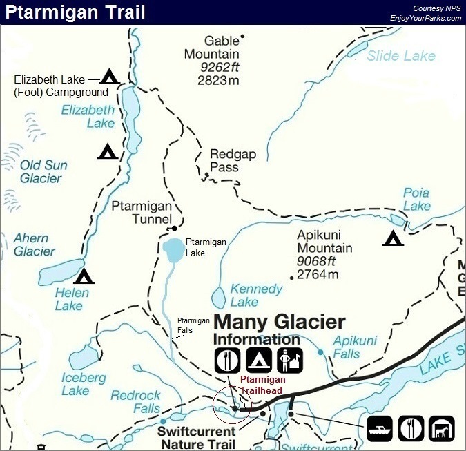 Ptarmigan Trail Map, Glacier National Park Map