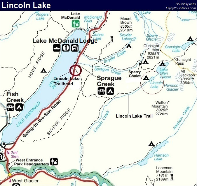 Lincoln Lake Trail Map, Glacier National Park Map