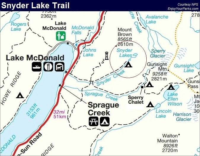 Snyder Lake Trail, Glacier National Park Map