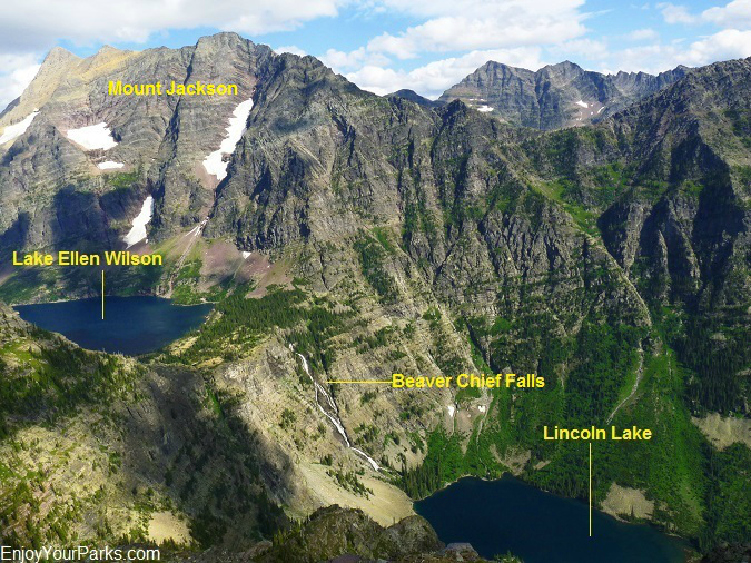 View of Lake Ellen Wilson, Lincoln Lake and Beaver Chief Falls from the summit of Lincoln Peak in Glacier Park