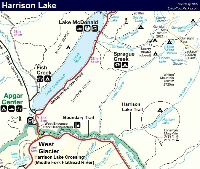 Harrison Lake Trail Map, Glacier National Park Map