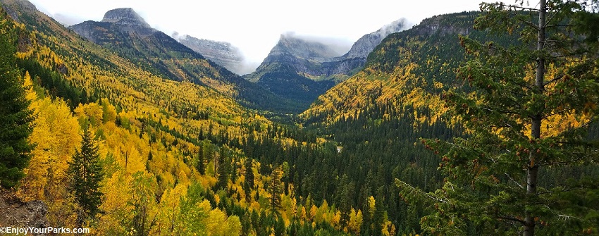 View along the west side of the Going To The Sun Road during an autumn in Glacier Park.