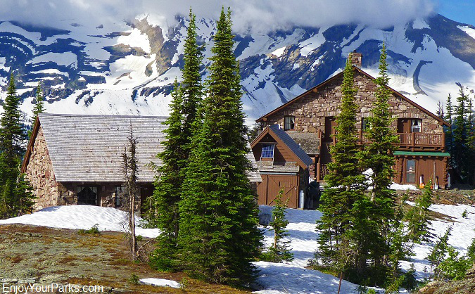 The historic Granite Park Chalet in Glacier Park, with massive peaks of the Livingston Range to the west.