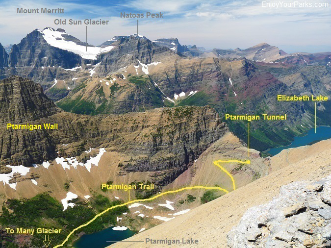 Ptarmigan Trail as viewed from the summit of Crowfeet Mountain, Glacier National Park