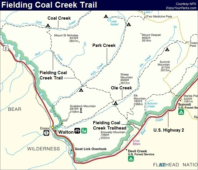 Fielding Coal Creek Trail Map, Glacier National Park Map
