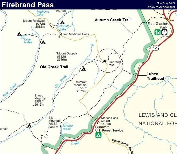 Firebrand Pass Trail Map, Glacier National Park