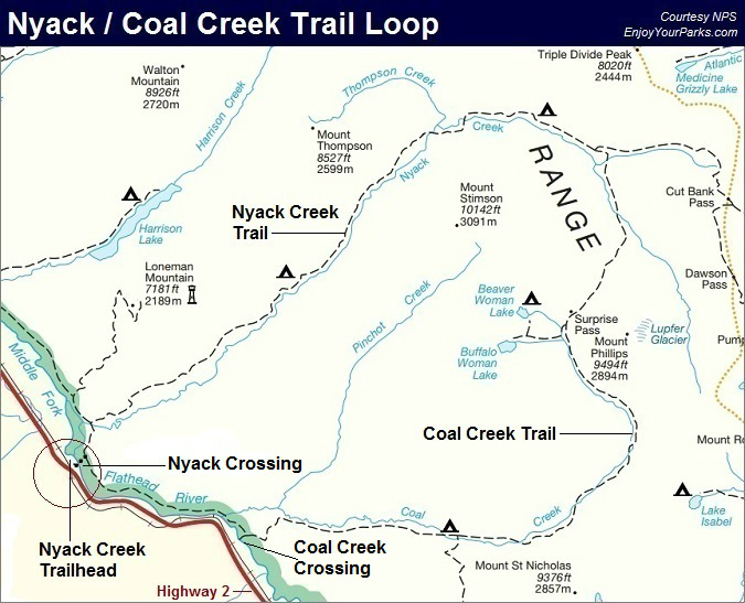 Nyack Creek Trail Map, Coal Creek Trail Map, Glacier National Park
