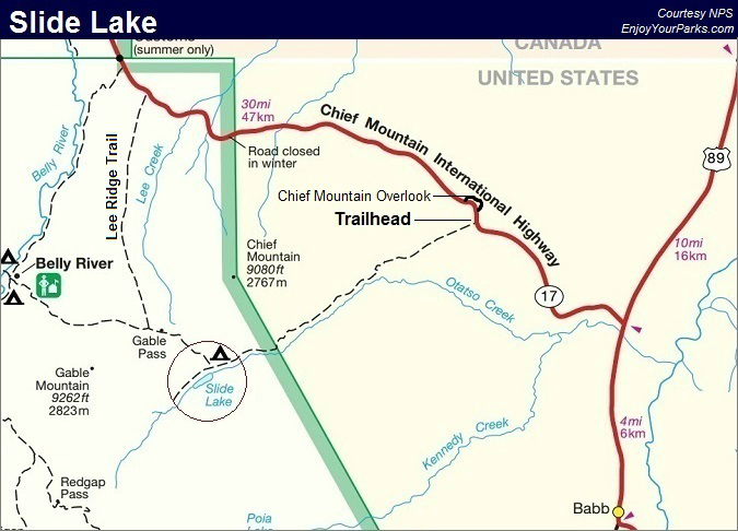 Slide Lake Trail Map, Glacier National Park Map