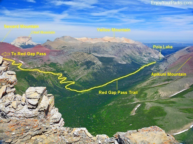 Red Gap Pass Trail as viewed from Crowfeet Mountain, Glacier National Park