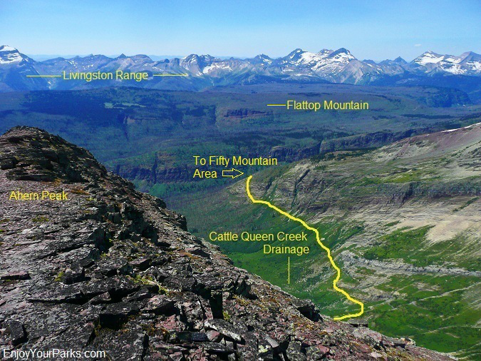 Cattle Queen Creek Drainage as viewed from Ahern Peak, Glacier Park