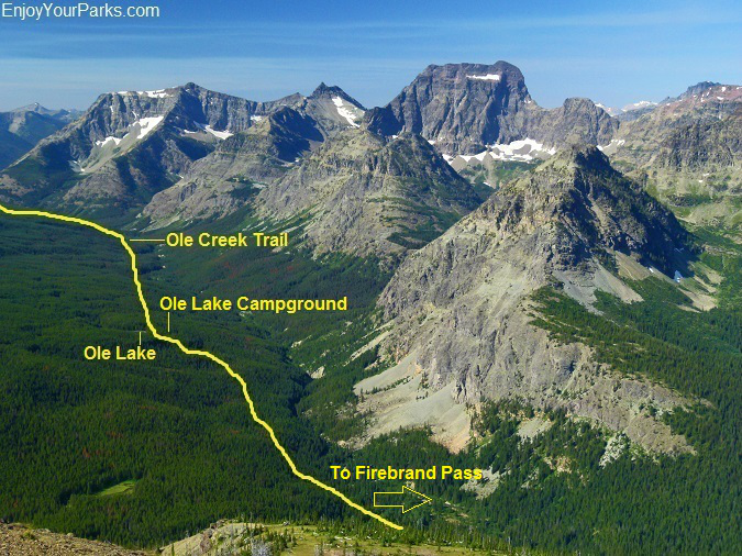 Ole Creek Trail as viewed from Firebrand Pass, Glacier National Park