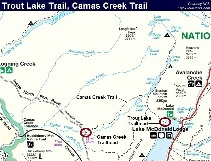 Trout Lake Trail Map, Camas Creek Trail Map, Glacier National Park Map
