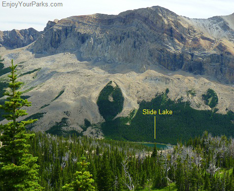 Slide Lake below Yellow Mountain, as viewed from Gable Pass in Glacier National Park