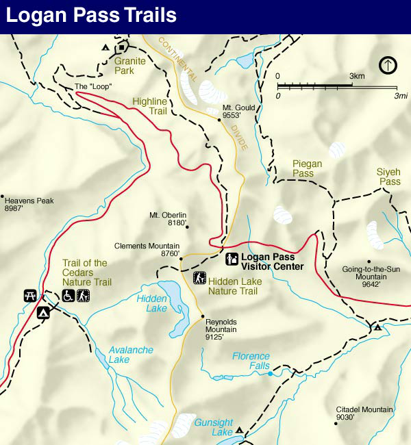 Glacier Park Map, Logan Pass Area