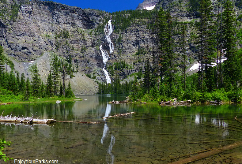 Lincoln Lake with Beaver Chief Falls, Glacier National Park