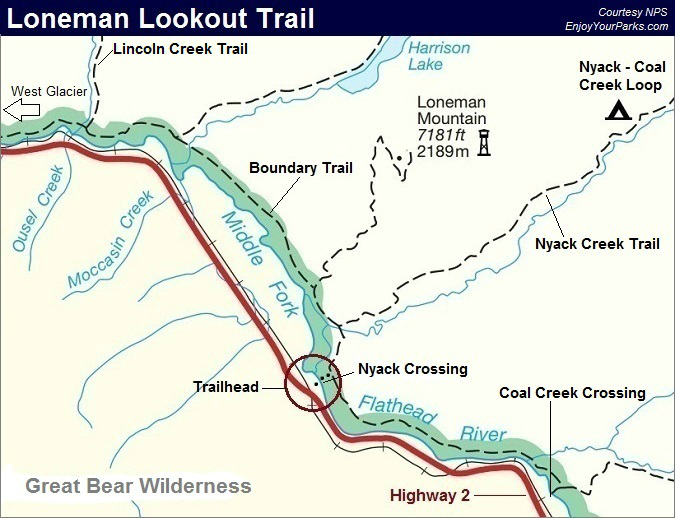 Loneman Lookout Trail Map, Boundary Trail Map, Glacier National Park Map