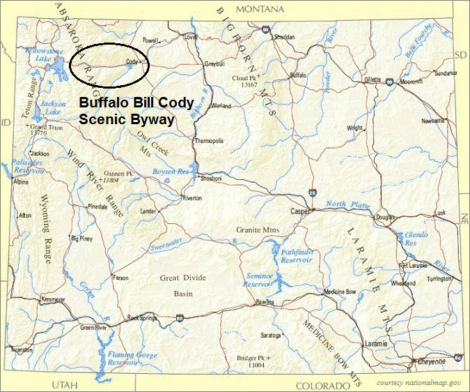 Wyoming Map, Buffalo Bill Cody Scenic Byway, Wyoming
