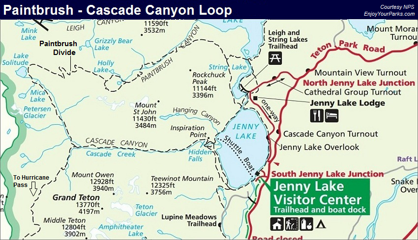 Paintbrush - Cascade Canyon Loop Trail Map, Grand Teton National Park Map