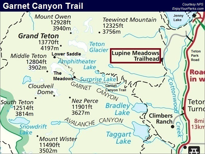 Garnet Canyon Trail Map, Grand Teton National Park Map