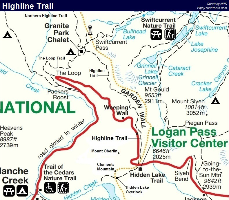 Highline Trail Map, Glacier National Park Map