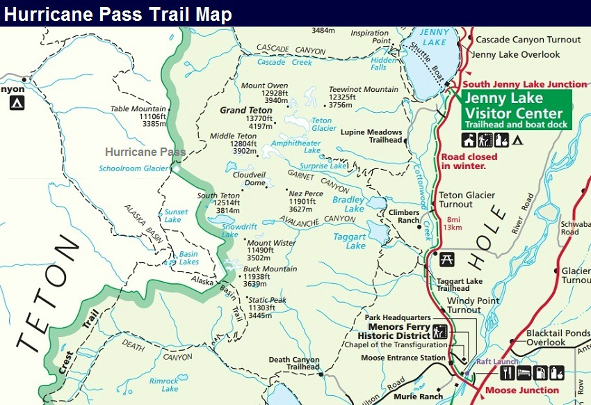 Hurricane Pass Trail Map, Grand Teton Trail Map
