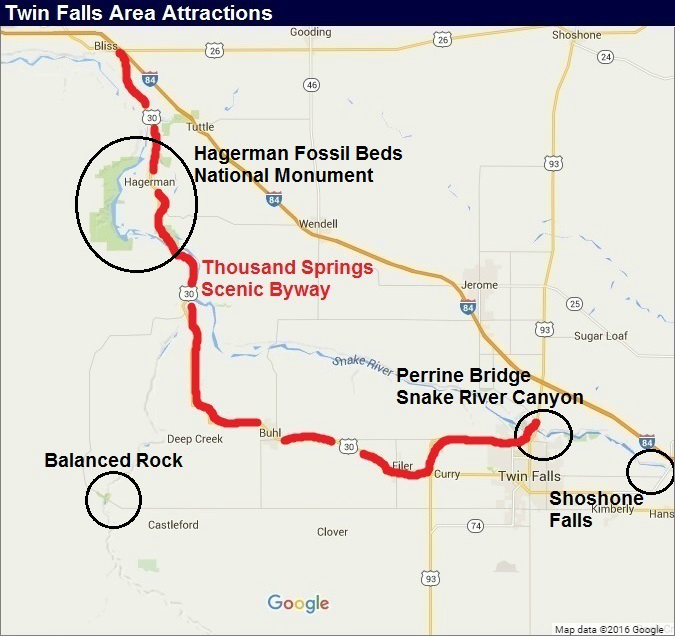 Idaho Map: Twin Falls Area of Top Attractions