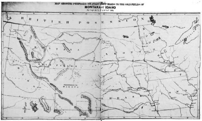 This is a map drawn up by Captain James L. Fisk of his proposed routes into the gold fields of Montana.