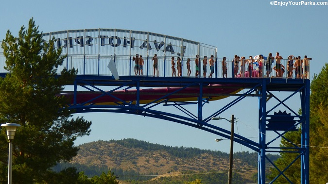 Swimmers in line above the main highway of Lava Hot Springs