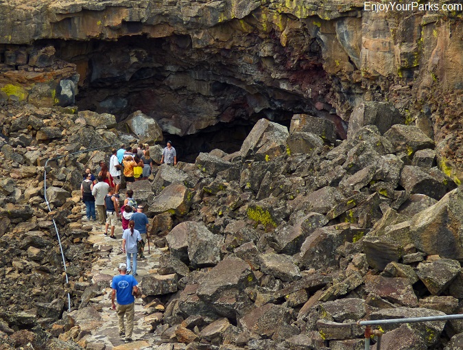 Visitors about to enter the Shoshone Ice Caves with their tour guide.