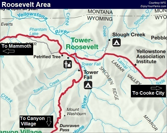 Roosevelt Lodge Area, Yellowstone National Park Map