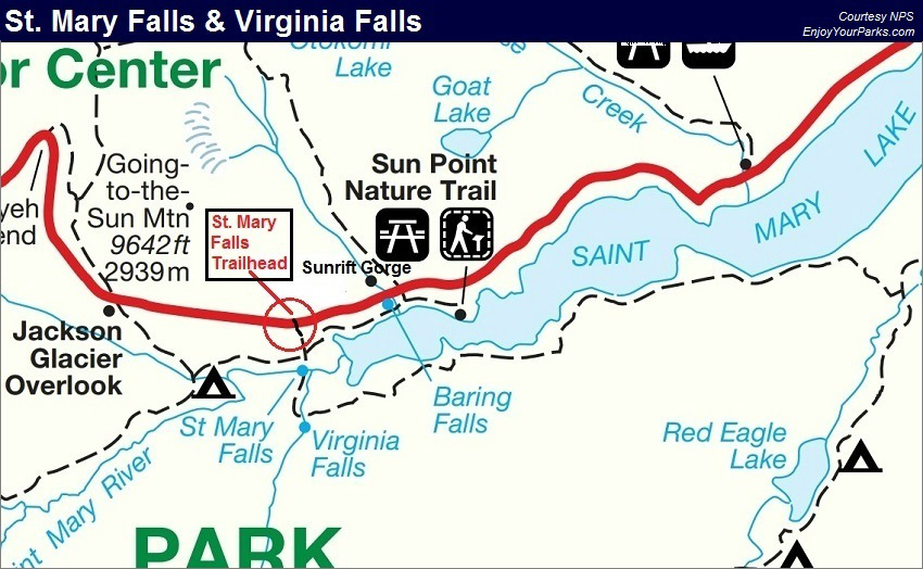 St. Mary Falls, Virginia Falls Trail Map, Glacier National Park Trail Map