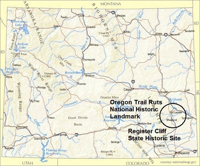 Wyoming Map, Oregon Trail Ruts National Historic Landmark