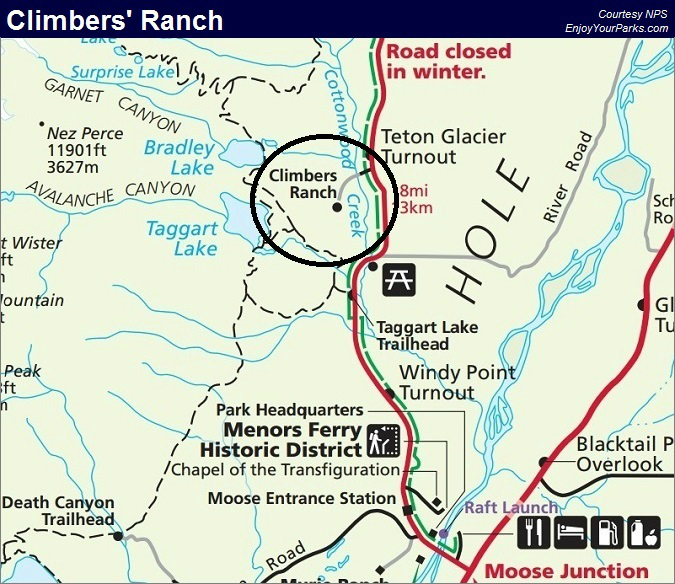 American Alpine Club Climbers&#39; Ranch, Grand Teton Lodging, Grand Teton National Park Map