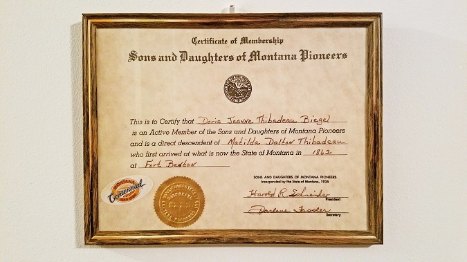 Certificate of Membership of the Sons and Daughters of Montana Pioneers