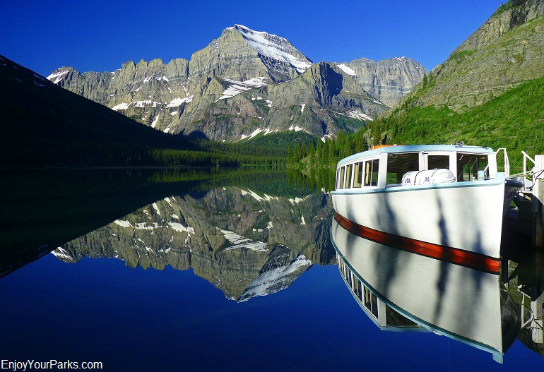 Wooden Boat Morning Eagle on Lake Josephine, with Mount Gould, Many Glacier Area, Glacier National Park