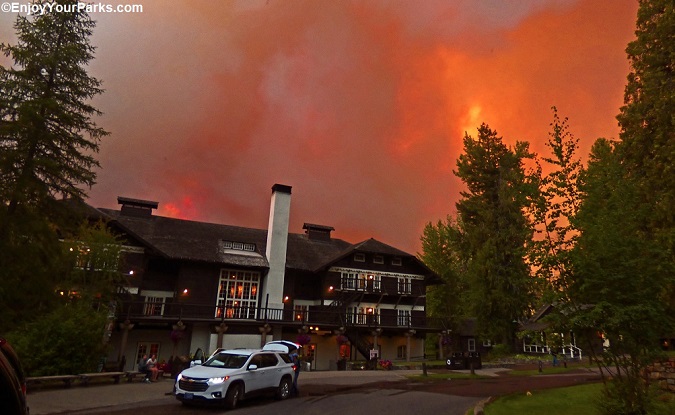 The evening Lake McDonald Lodge was evacuated due to the Howe Ridge Fire on August 12, 2018.