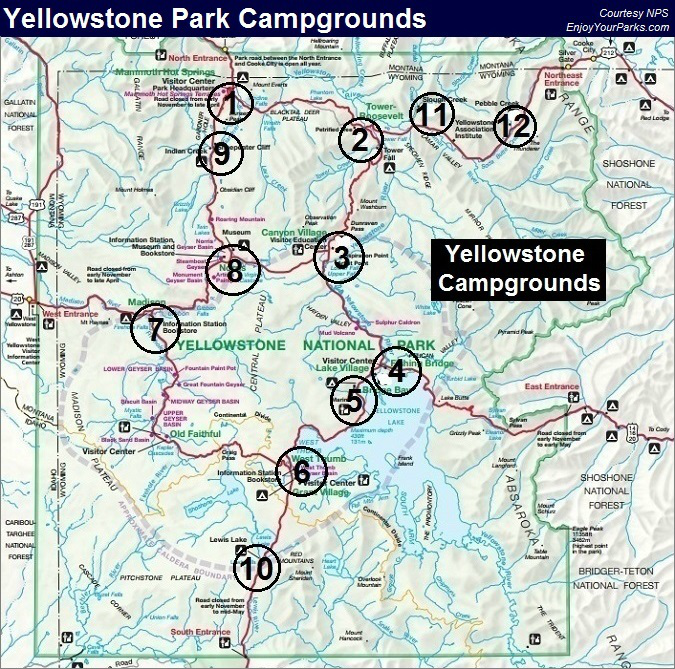 Yellowstone Park Campgrounds, Yellowstone National Park Map