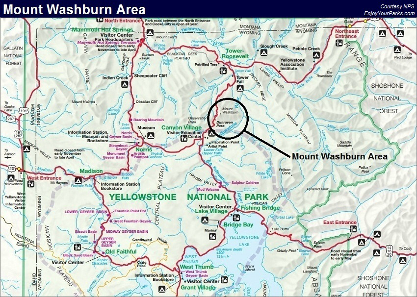 Mount Washburn Map, Yellowstone National Park Map