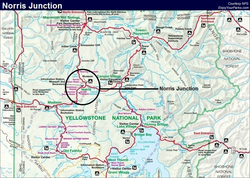 Norris Junction Map, Yellowstone National Park Map